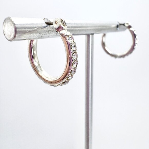 Silver Plated Small Cubic Zirconia Hoop Earrings Hinged Posts Sz 2/3" Diameter - Picture 3 of 9